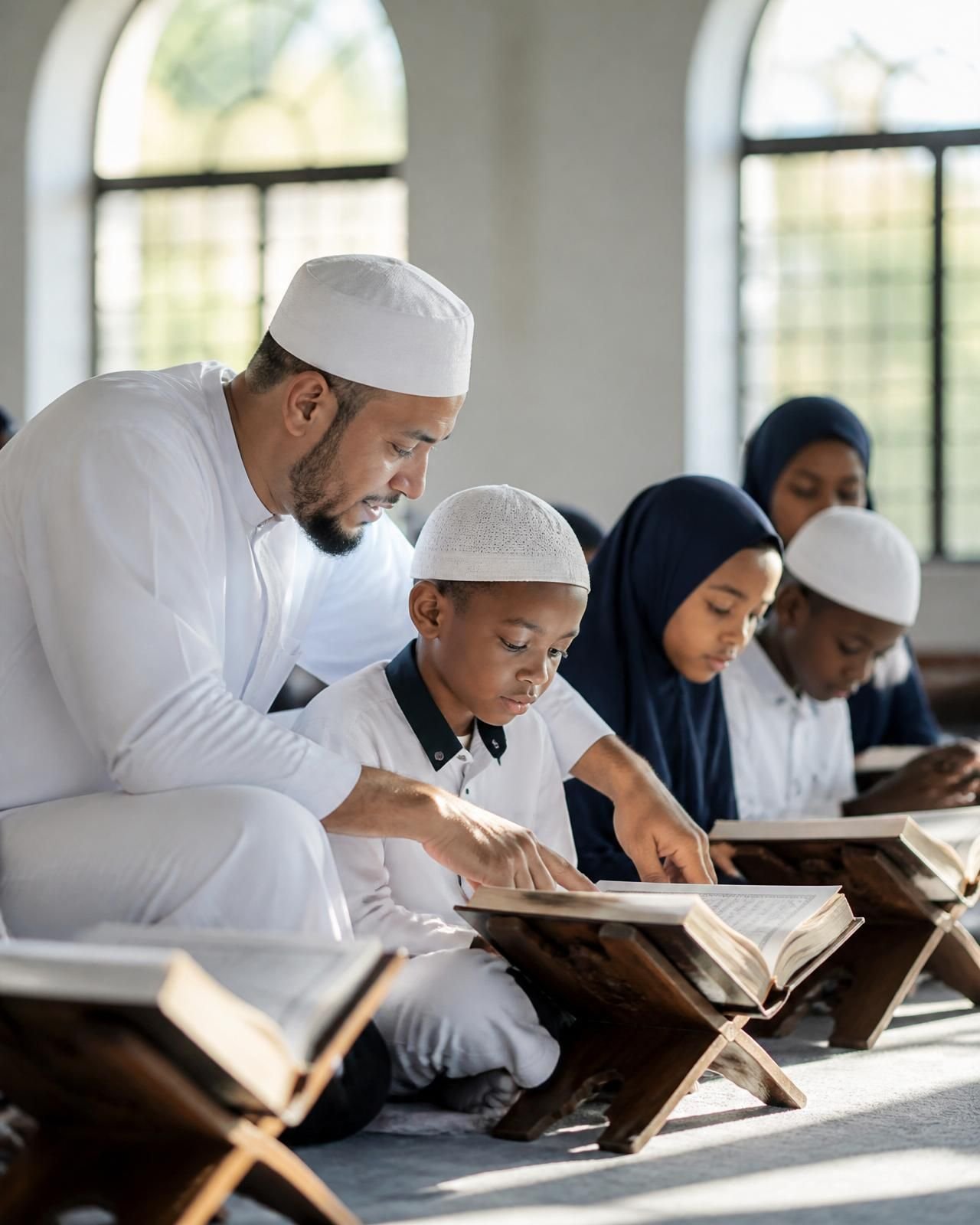 Teacher and students at Al-Azhar Islamic Institute